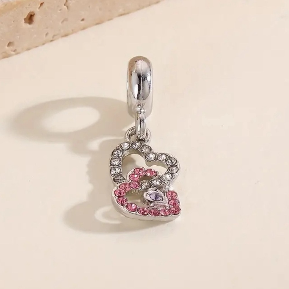 New Silver Double Heart Pink CZ Charm Bracelet Bead